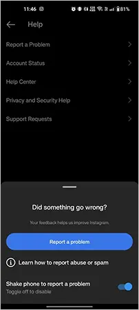 Report a problem to Instagram