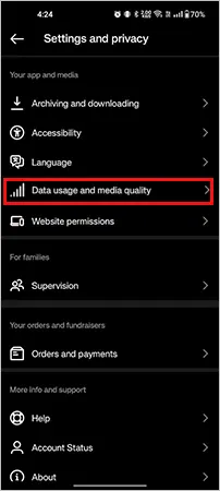 Tap Data usage and media quality