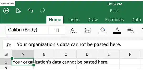 Your organization's data cannot be pasted here error