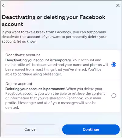 Deactivating Facebook account