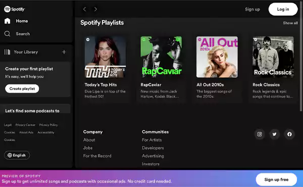 Spotify web player homepage