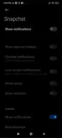 Enable or disable options in Snapchat Notifications