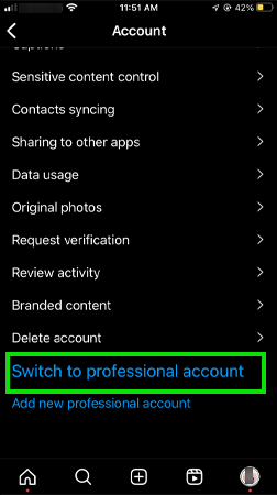 Tap on Switch to a professional account
