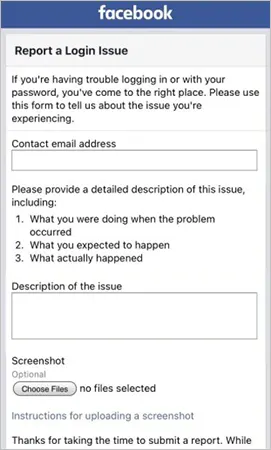 Report Fb login issue form