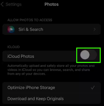 Toggle off for iCloud Photos