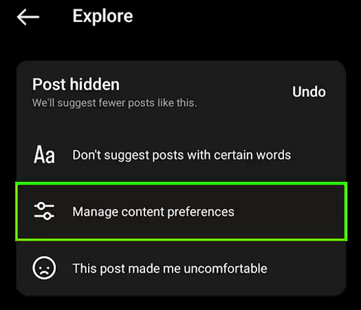 Click on the manage content preferences option