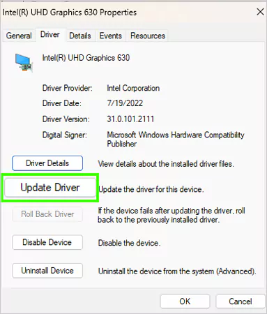 Click on Update Driver