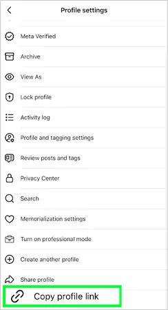 Scroll and hit Copy Profile Link