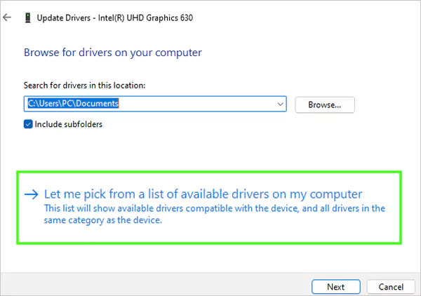 Select Let me pick from a list of available drivers on my computer