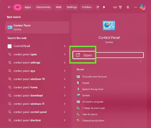 Type in Control Panel and tap Open
