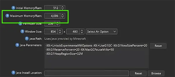 Change the value for the Maximum Memory/Ram