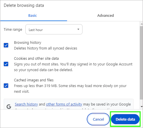 Click on the Delete Data button