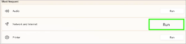 Click on the Run button for Network and Internet