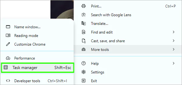 Click on the Vertical Ellipsis then hover over More tools then select Task manager