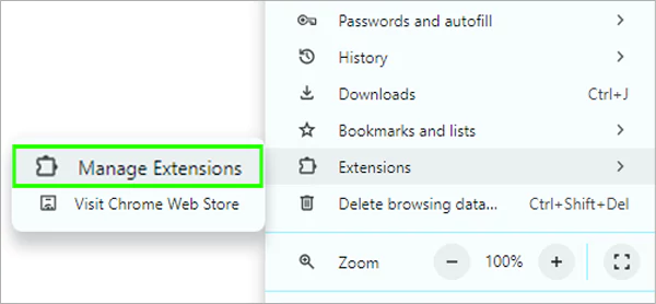 Hover over Extensions then select Manage Extensions