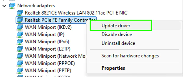 Right click on connected network then select Update driver