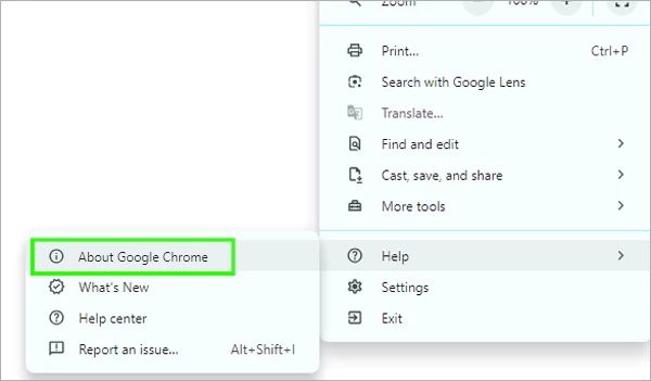 Scroll down then hover over Help then select About Google Chrome