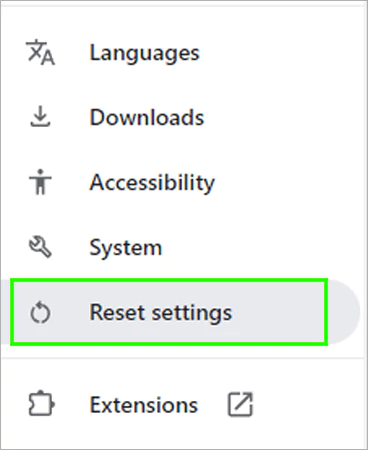 Select Reset settings from left side bar