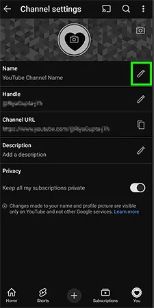 Tap on the pen icon, next to your channel name