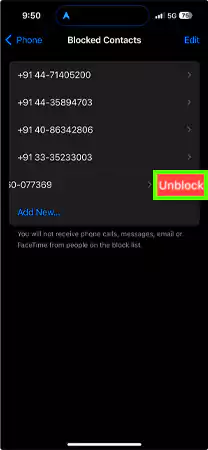 Swipe left and tap on Unblock