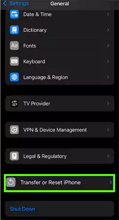 Tap on Transfer or Reset iPhone