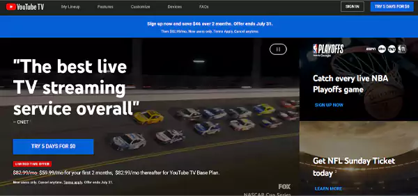 YouTuve TV Homepage