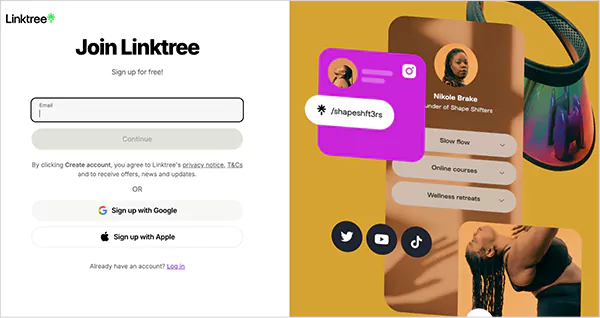 Sign up on Linktree