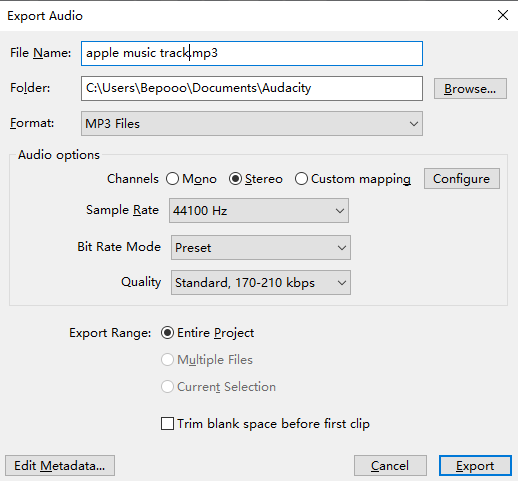 Audacity Export Settings