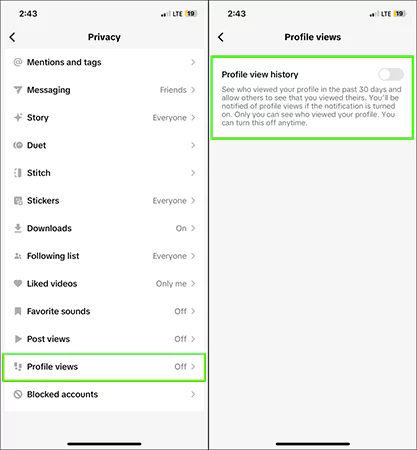 Profile view history setting