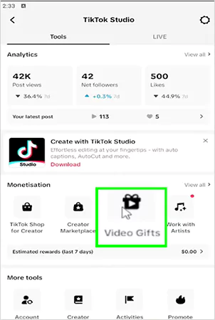 Look at the option of Video Gifts in the Monetization area