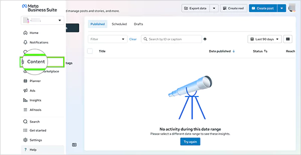 Meta Business Suite and Content Tab