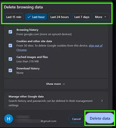 Select the Time Frame and click on Delete data