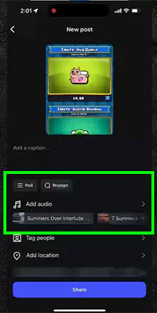 Create the post and tap on add audio