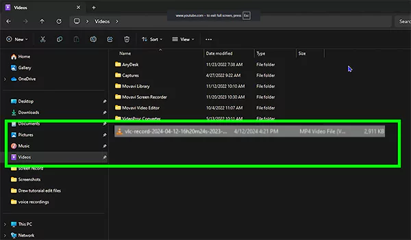 Saved video file in the VLC software and the Windows drives