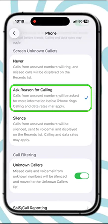 Scroll down to select Ask reason for calling