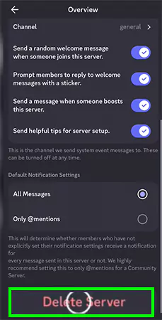 Scroll down to the Delete server button and tap on it