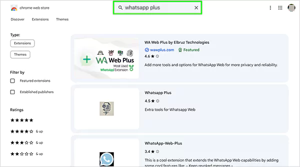 WhatsApp Plus Search Results on Google Web Store
