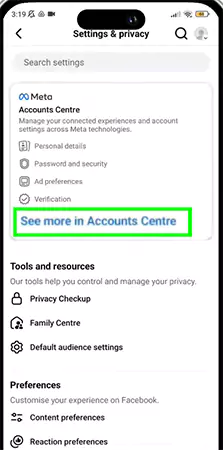 tap on the See more on accounts centre