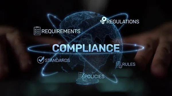 A creative concept comprising words regulations, compliance, standards, policies, and rules