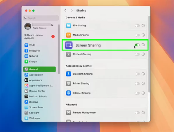 Enable screen sharing toggle