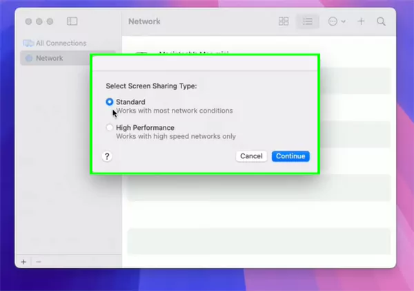 Select the screen sharing type