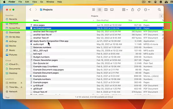 Select the file from the top range