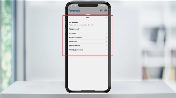 Select the reason for hiding the ad, as the action is done.