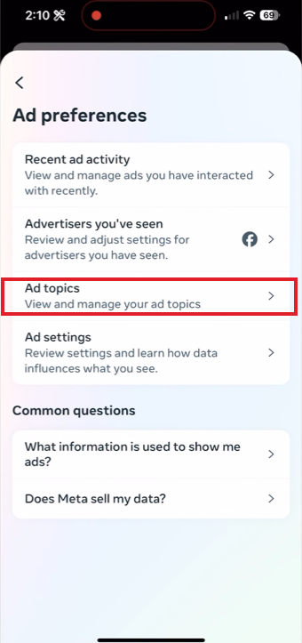 Tap on Ad topics.&nbsp;