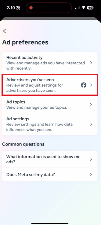 Tap on Advertisers you've seen