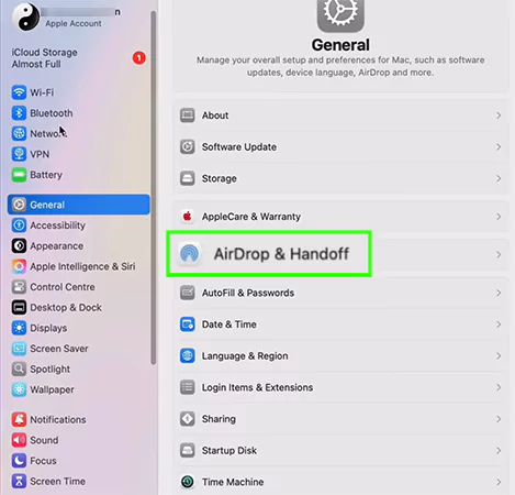 Click on AirDrop and Handoff