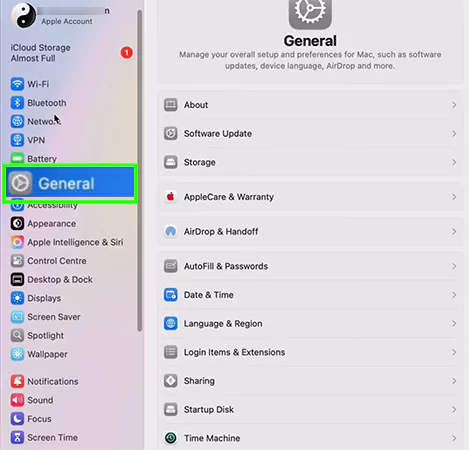 Click on General option