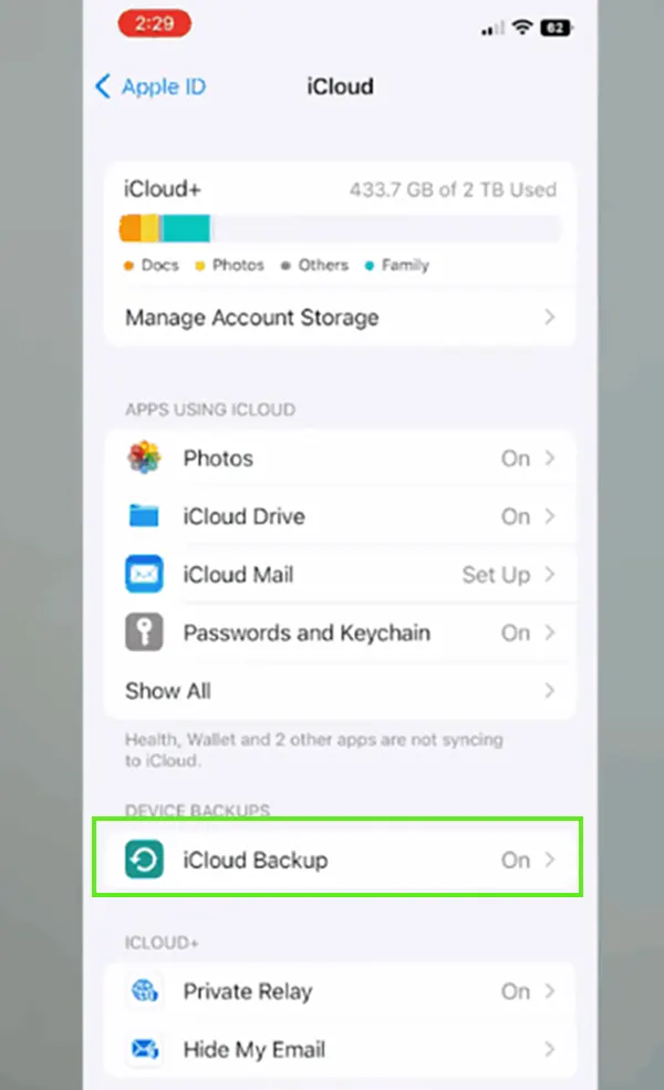 Tap on iCloud Backup