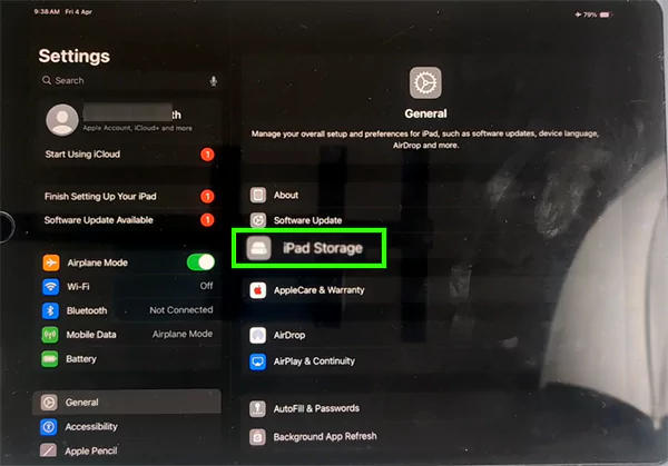 Tap on iPad storage