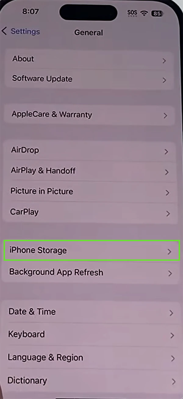 Click on iPhone storage